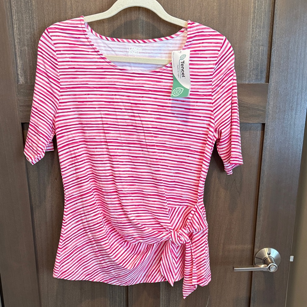 Lands' End Pink and White Striped Short-Sleeve Tie-Waist Tee